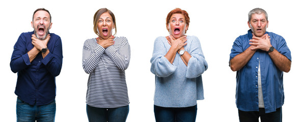 Collage of group of elegant middle age and senior people over isolated background shouting and suffocate because painful strangle. Health problem. Asphyxiate and suicide concept.