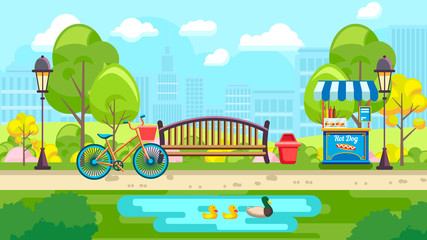 Urban vector design of colorful city park with bench and pond on urban background - obrazy, fototapety, plakaty