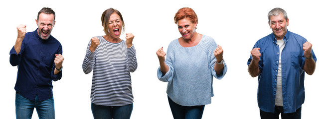 Collage of group of elegant middle age and senior people over isolated background very happy and excited doing winner gesture with arms raised, smiling and screaming for success. Celebration concept.