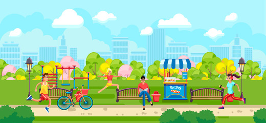 View of colorful cartoon park with people doing sports on urban background