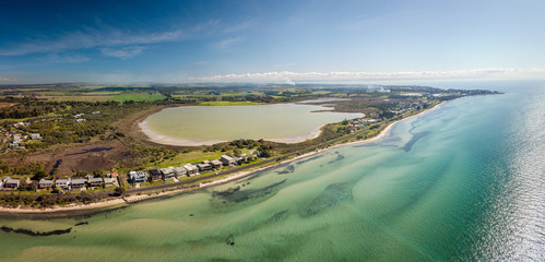 St Leonards salt lagoon near Portarlington in Victoria, Australia. Aerial view of the salt lagoon and the port phillip bay