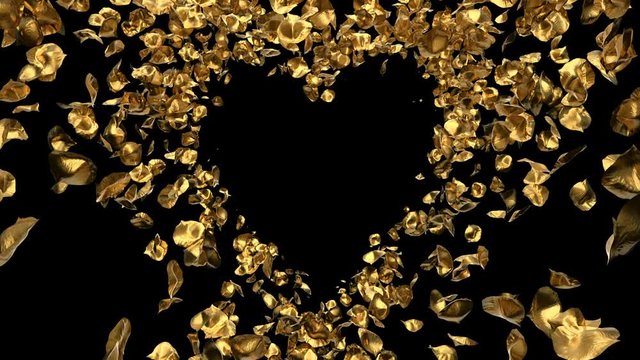 Romantic flying golden rose flower petals heart shape for St. Valentine's Day, Mother's Day, wedding anniversary greeting cards, wedding invitation birthday e-card alpha matte Seamless loop 4k