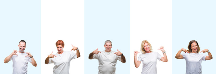 Collage of group middle age and senior people wearing white t-shirt over isolated background...