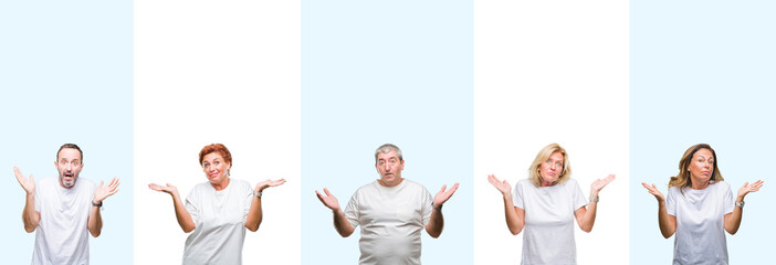 Collage of group middle age and senior people wearing white t-shirt over isolated background...