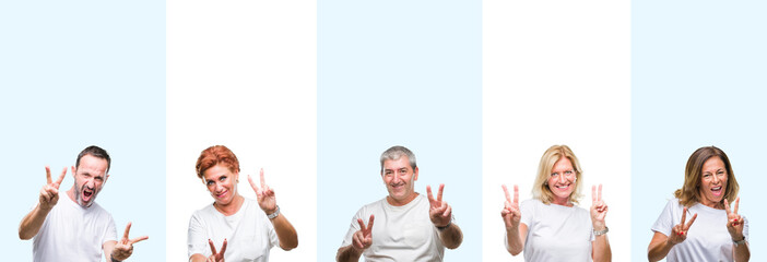 Collage of group middle age and senior people wearing white t-shirt over isolated background smiling looking to the camera showing fingers doing victory sign. Number two.