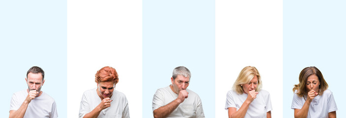 Collage of group middle age and senior people wearing white t-shirt over isolated background feeling unwell and coughing as symptom for cold or bronchitis. Healthcare concept.