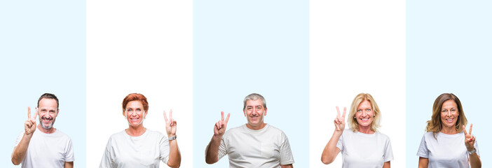 Collage of group middle age and senior people wearing white t-shirt over isolated background showing and pointing up with fingers number two while smiling confident and happy.