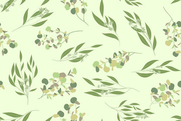 Elegant Eucalyptus Seamless Pattern in Pastel Color Design. Watercolor Style. Vector Leaves, Palm Fern Branches and Herbal Bouquet. Greenery of Rustic Wedding. Eucalyptus Pattern for Decoration, Print