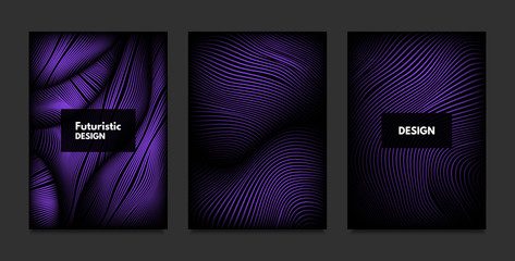 Wave. Abstract Geometry. Cover Design Templates Set with 3d Effect. Vibrant Gradient with Wavy Lines. Trendy Purple Futuristic Illustration with Distortion. Vector Wave for Brochure, Business, Poster.