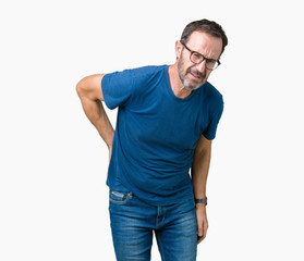 Fototapeta premium Handsome middle age hoary senior man wearin glasses over isolated background Suffering of backache, touching back with hand, muscular pain