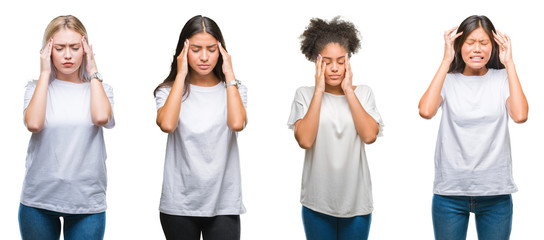 Obraz premium Collage of group of chinese, arab, african american woman over isolated background with hand on head for pain in head because stress. Suffering migraine.