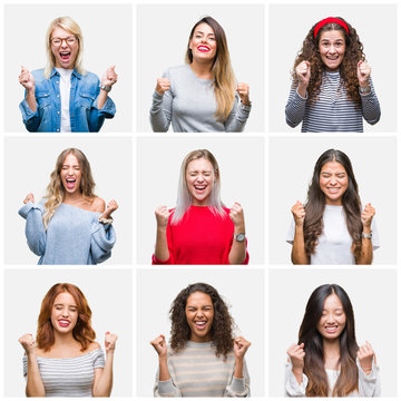 Collage Of Young Beautiful Women Over Isolated Background Excited For Success With Arms Raised Celebrating Victory Smiling. Winner Concept.