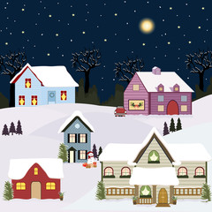 Winter landscape. Christmas trees and houses. Snowman. Merry Christmas and a Happy New Year.