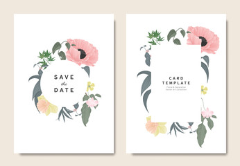 Floral wedding invitation card template design, bouquets of pink poppy, orchid, daffodil and leaves with circle and rectangle frames on white background, vintage style