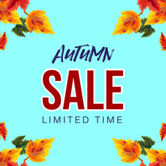 Obraz premium Modern vector banner with blue background and colorful leaves in design with advertisement of autumn sale