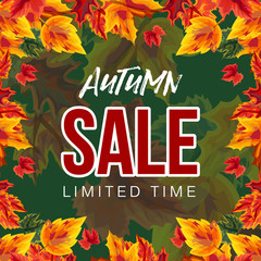 Vector template of modern banner for advertisement of autumn sale in foliage on green background