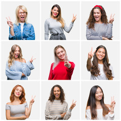 Collage of young beautiful women over isolated background smiling with happy face winking at the camera doing victory sign. Number two.