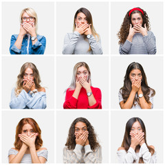 Collage of young beautiful women over isolated background shocked covering mouth with hands for mistake. Secret concept.