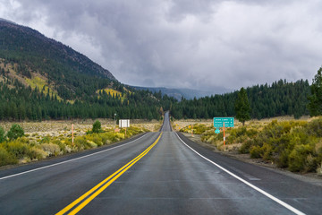 Travelling on the June Lake Loop on a rainy day, Eastern Sierra mountains, California