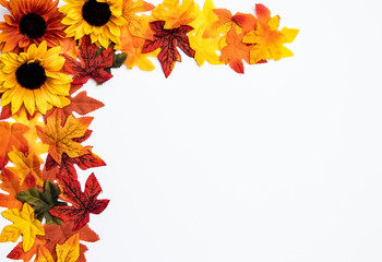 Autumn themed border with colorful leaves, flowers and decorations on a white background. Fall design element frame and background.