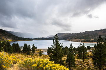 Aerial view of June Lake on a autumn rainy day, Eastern Sierra mountains, California