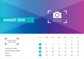 August 2019 desk calendar vector illustration