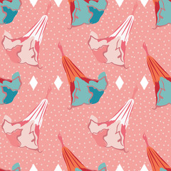 Stylized datura or angel's trumpet flower in white pink, teal, orange and red. Blush pink dotted background with diamond shapes.