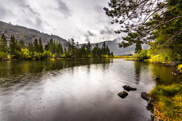 Silver Lake on a rainy autumn day; June Lake area, Eastern Sierra mountains, California