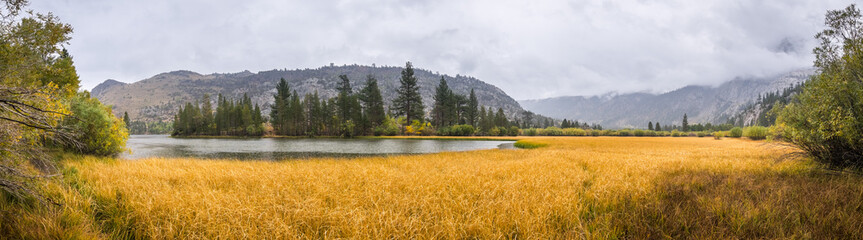Panoramic view of Silver Lake on a rainy day, June Lake area, Eastern Sierra mountains, California