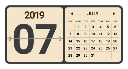 July 2019 monthly calendar vector illustration
