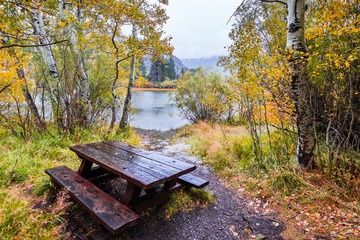 Picnic table close to the shoreline of Crystal Lake in the June Lake Loop area on a rainy autumn day; colorful aspen trees and the lake shore in the background; Eastern Sierra mountains, California
