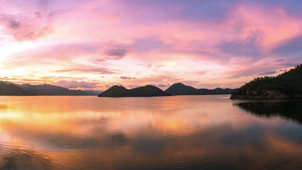 beautiful sunset on the reservoir at Khuean Srinagarindra National Park kanchanaburi povince , landscape Thailand