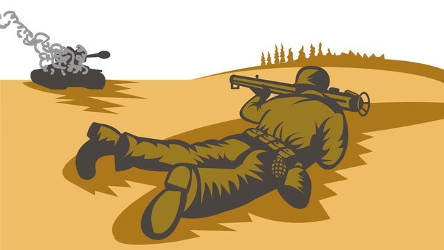 2d Animation motion graphics showing an American world war two soldier firing a bazooka at battle tank on white screen done in retro style  in HD high definition.
