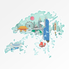 Famous Hongkonglandmark on map for travel poster,Hongkong in paper art style.