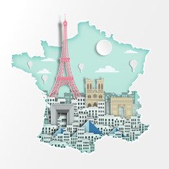 Famous France landmark on map for travel poster,France,paris in paper art style.