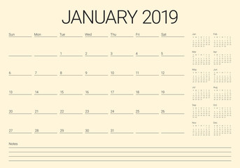 January 2019 desk calendar vector illustration