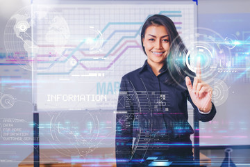 Woman finger pointing on the virtual screen pressing for more information. technology concept.