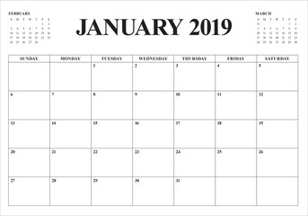 January 2019 desk calendar vector illustration