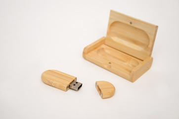 wooden box set and USB drive isolate on white background
