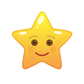 Happy star shaped comic emoticon. Smiling face with facial expression. Joyful emoji symbol for internet chatting. Funny social communication animated character. Mood message isolated vector element