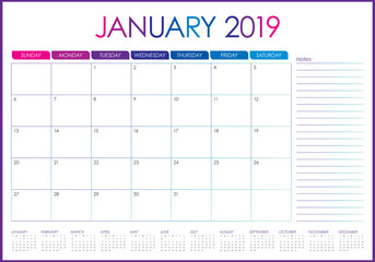 January 2019 desk calendar vector illustration