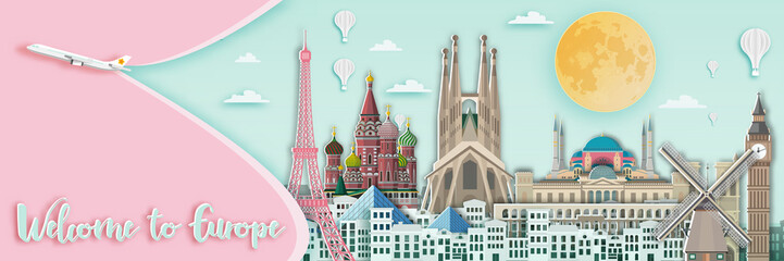 Famous landmark for travel card in europe ,England,France,Spain,Italy,germany,netherland,russia,turkey in paper art style. © patpongstock