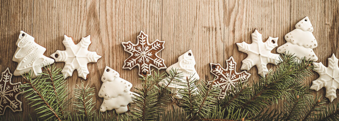 Christmas holidays composition on wooden background with Copy space for your text. Christmas card. Top view. Christmas concept