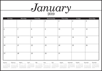 January 2019 desk calendar vector illustration