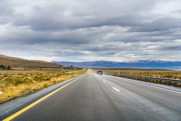 Driving on the freeway towards Mono Lake, Eastern Sierra mountains, California