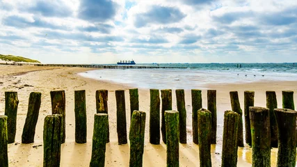 Foto op Canvas Wooden Posts of a beach erosion protection system along the beach at the town of Vlissingen in Zeeland Province in the Netherlands © hpbfotos