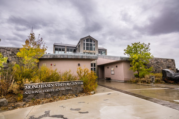 Mono Basin Visitor Center building on a rainy autumn day, Eastern Sierra mountains, California