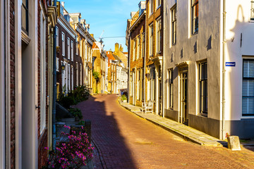 Sunset over Narrow Streets in the Historic City of Middelburg in Zeeland Province, the Netherlands