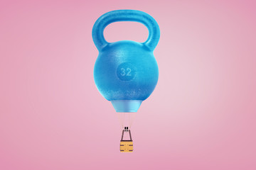 Naklejka na ściany i meble 3d rendering of giant blue kettlebell flying on a pink background like a hot air balloon with a basket attached.