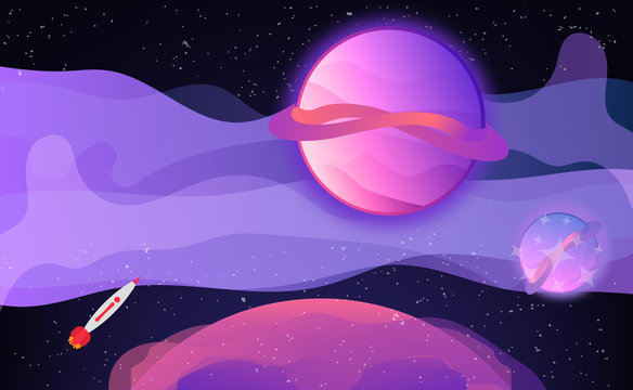 Space background with abstract planets. Purple galaxy. Rocket in space, exploring. Vector illustration